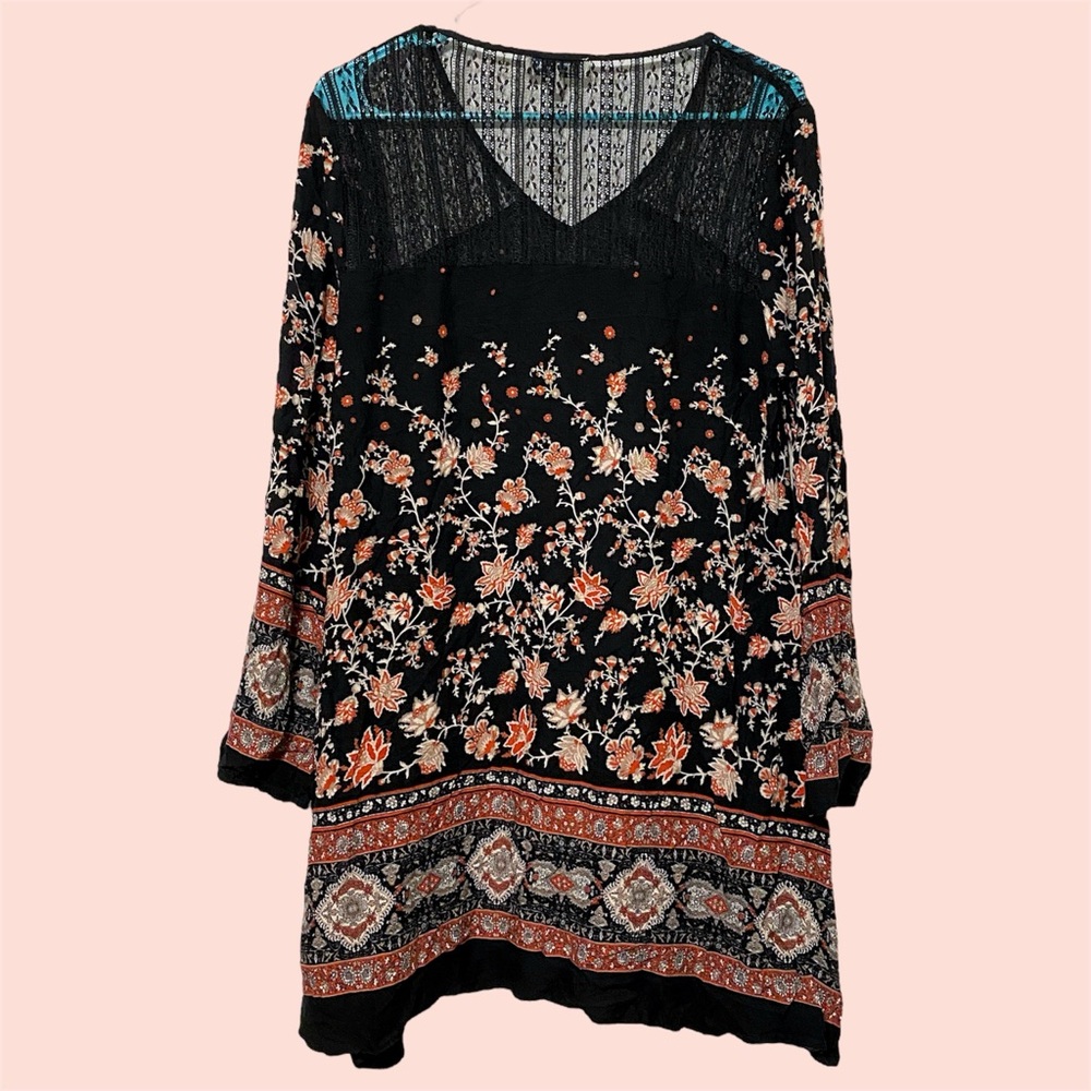 Tassels n Lace Black Floral 3/4 Sleeve Boho Tunic Top - Picture 2 of 5